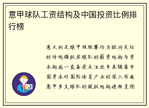意甲球队工资结构及中国投资比例排行榜